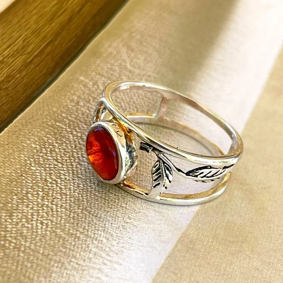 925 Sterling Silver Ring!!pretty folliage Band with Natural carnelian! Us: 7,8,9 - Picture 3 of 15